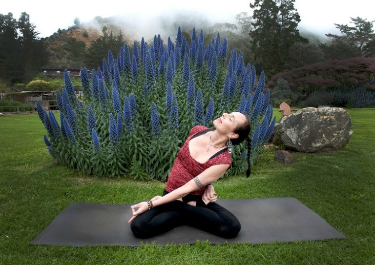 Katchie Ananda triyoga, woman seated yoga pose outdoors by plant