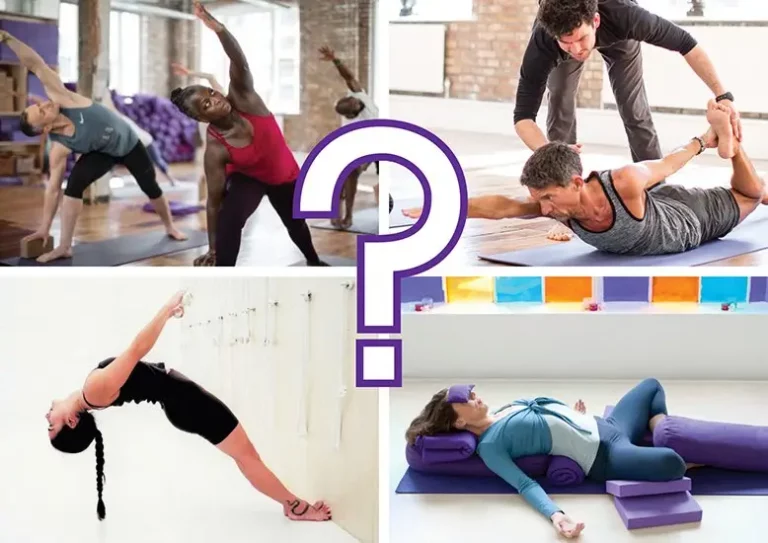 collage of 4 different yoga disciplines and poses. thought at triyoga London branches at Camden, Chelsea, Ealing an Shoreditch