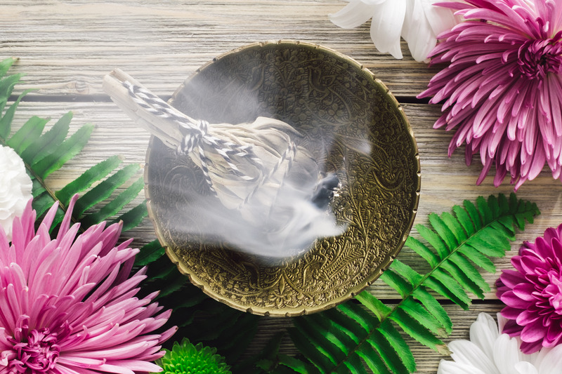 Canva Burning Sage Smudge With Spring Flowers